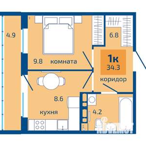 1-к квартира, строящийся дом, 34м2, 4/10 этаж