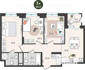 3-к квартира, вторичка, 66м2, 3/25 этаж