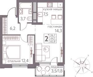 Студия квартира, строящийся дом, 46м2, 6/20 этаж
