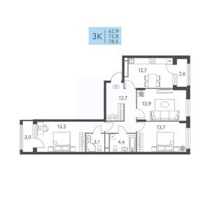3-к квартира, вторичка, 79м2, 2/22 этаж
