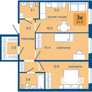 3-к квартира, строящийся дом, 62м2, 1/10 этаж