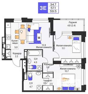 3-к квартира, строящийся дом, 60м2, 15/25 этаж
