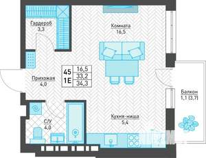 Студия квартира, строящийся дом, 34м2, 6/8 этаж