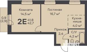 2-к квартира, строящийся дом, 43м2, 2/6 этаж