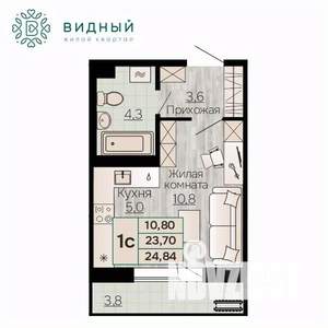 1-к квартира, вторичка, 25м2, 6/8 этаж