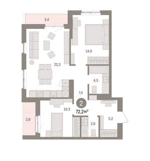 2-к квартира, вторичка, 72м2, 11/16 этаж