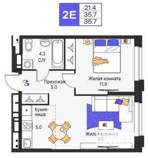 2-к квартира, строящийся дом, 36м2, 4/25 этаж