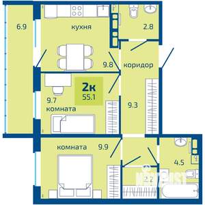 2-к квартира, строящийся дом, 55м2, 9/10 этаж