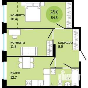 2-к квартира, строящийся дом, 55м2, 1/25 этаж