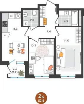 2-к квартира, вторичка, 53м2, 12/25 этаж