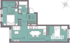 3-к квартира, строящийся дом, 59м2, 9/22 этаж