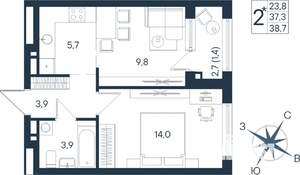 2-к квартира, строящийся дом, 39м2, 5/15 этаж