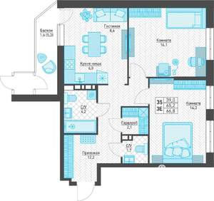 3-к квартира, строящийся дом, 67м2, 5/8 этаж