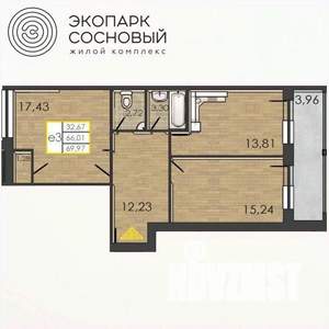 2-к квартира, вторичка, 66м2, 1/4 этаж