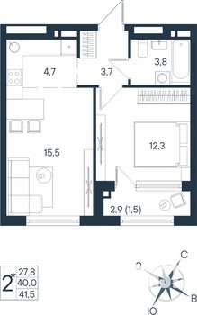 2-к квартира, строящийся дом, 42м2, 12/15 этаж