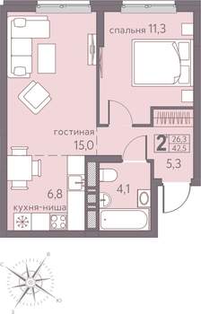 2-к квартира, строящийся дом, 43м2, 13/22 этаж