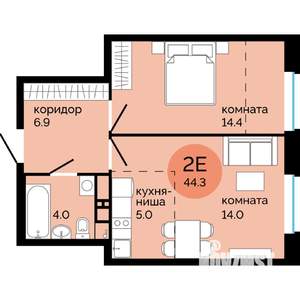 2-к квартира, вторичка, 44м2, 13/25 этаж