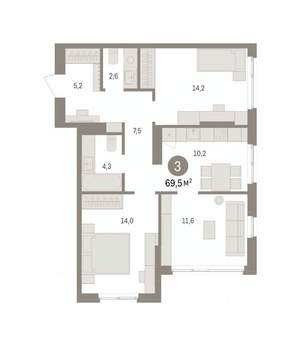 3-к квартира, вторичка, 69м2, 2/16 этаж