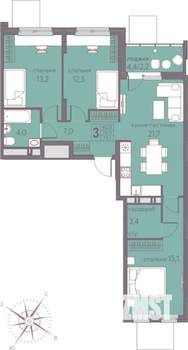 3-к квартира, строящийся дом, 79м2, 2/22 этаж