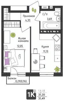1-к квартира, вторичка, 31м2, 2/4 этаж