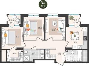 3-к квартира, строящийся дом, 67м2, 16/25 этаж