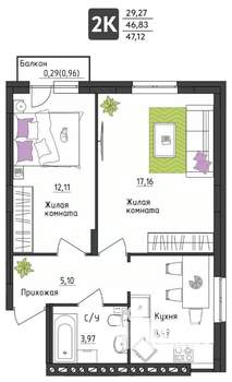 2-к квартира, вторичка, 47м2, 3/4 этаж