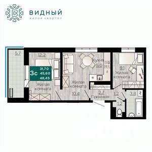 3-к квартира, вторичка, 48м2, 3/8 этаж