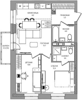 3-к квартира, вторичка, 57м2, 2/10 этаж