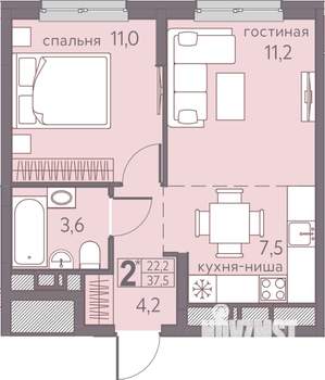 2-к квартира, строящийся дом, 38м2, 10/22 этаж