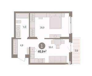 1-к квартира, вторичка, 47м2, 7/9 этаж