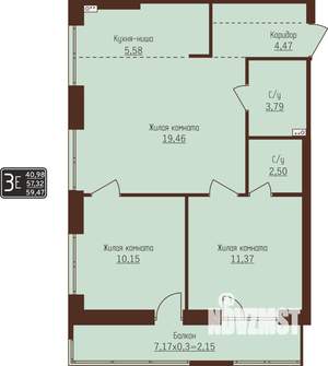 3-к квартира, строящийся дом, 59м2, 5/8 этаж