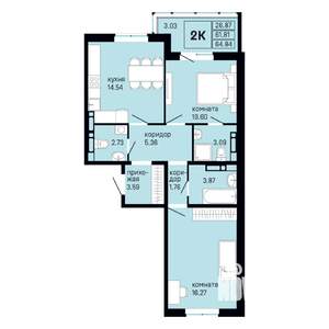 2-к квартира, вторичка, 65м2, 11/16 этаж