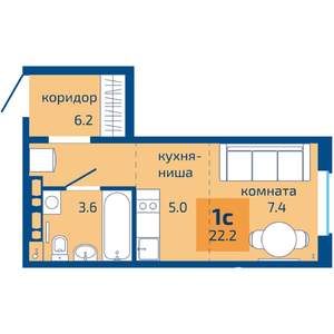 1-к квартира, строящийся дом, 22м2, 10/10 этаж