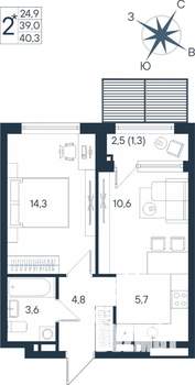 2-к квартира, строящийся дом, 40м2, 2/15 этаж