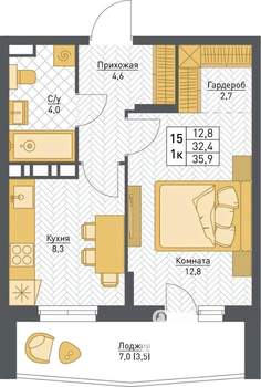1-к квартира, строящийся дом, 36м2, 3/8 этаж