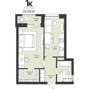 1-к квартира, строящийся дом, 42м2, 11/16 этаж