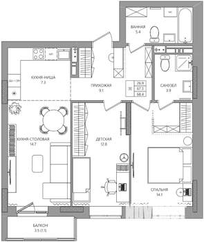 3-к квартира, вторичка, 68м2, 6/8 этаж
