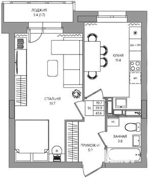 1-к квартира, вторичка, 42м2, 7/10 этаж