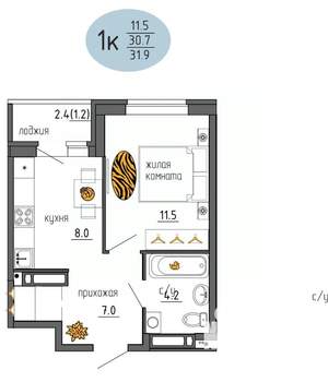 1-к квартира, строящийся дом, 32м2, 22/25 этаж