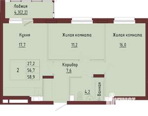2-к квартира, строящийся дом, 61м2, 8/9 этаж