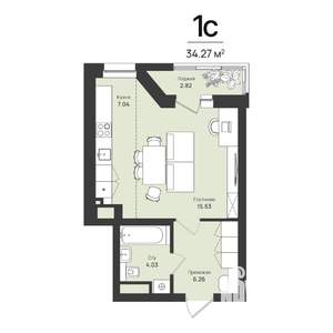 1-к квартира, строящийся дом, 34м2, 1/16 этаж