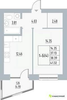 1-к квартира, вторичка, 38м2, 4/5 этаж