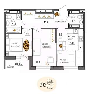 3-к квартира, строящийся дом, 54м2, 21/25 этаж