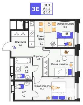 3-к квартира, строящийся дом, 54м2, 11/25 этаж