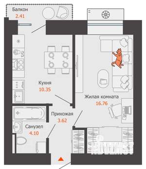 1-к квартира, вторичка, 36м2, 2/9 этаж
