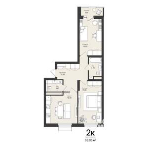 2-к квартира, строящийся дом, 69м2, 3/16 этаж
