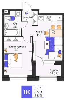 1-к квартира, строящийся дом, 39м2, 2/16 этаж