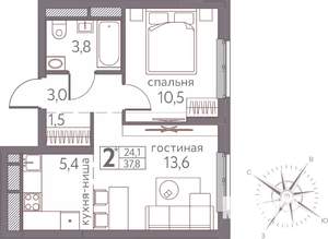 2-к квартира, строящийся дом, 38м2, 10/20 этаж