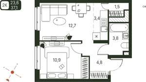 Студия квартира, строящийся дом, 37м2, 10/20 этаж