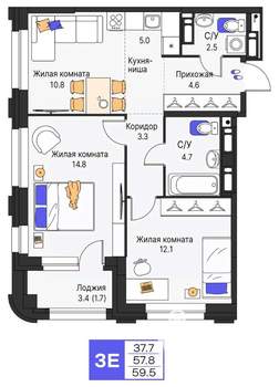 3-к квартира, строящийся дом, 60м2, 8/19 этаж